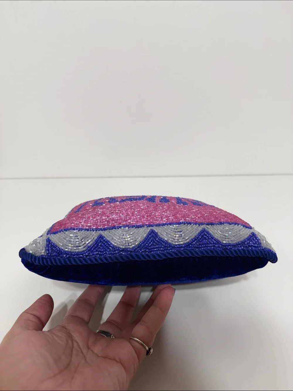 Sudha Pennathur Sequin Pink and Blue 'Oy Vey!' Decorative Beaded Pillow 8x10